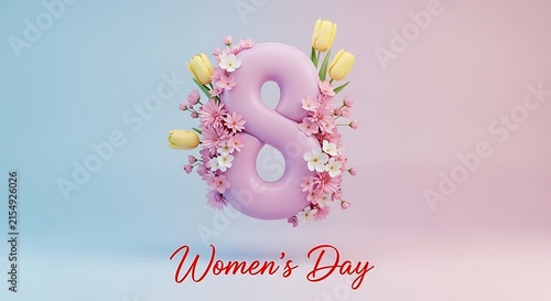 Number 8 Decorated with Pink and Yellow Flowers for Women's Day Celebration