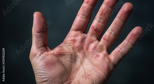 Close up of a hand with blisters and sores, concept of skin condition or disease