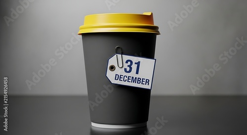To-go coffee cup with a yellow lid and a tag dated December 31st, symbolizing New Year's Eve