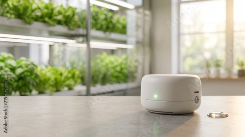 Smart plant care device on a kitchen counter in a home garden  