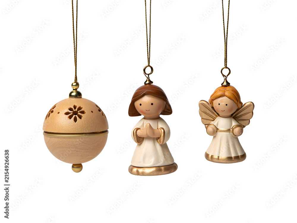 Fototapeta premium Wooden Christmas ornaments with ball and angel figurines isolated on transparent or white background, png