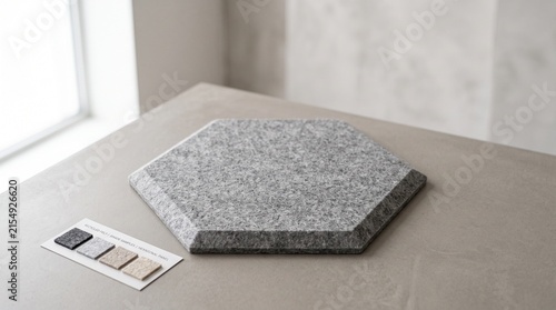 Hexagonal granite tile with color samples on a modern table  