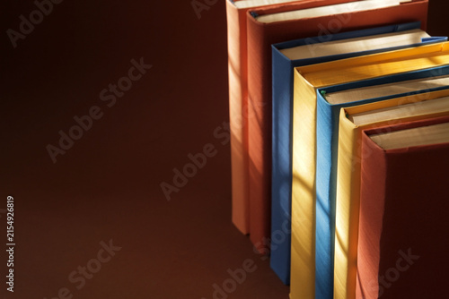 Books with colorful paper covers are lined up against colorful paper backgrounds. School education featuring attractive, bright, and colorful books.