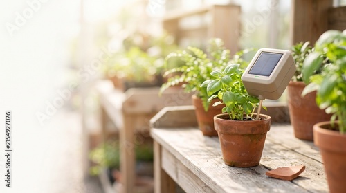 Potted plants with soil moisture sensor in a greenhouse environment  