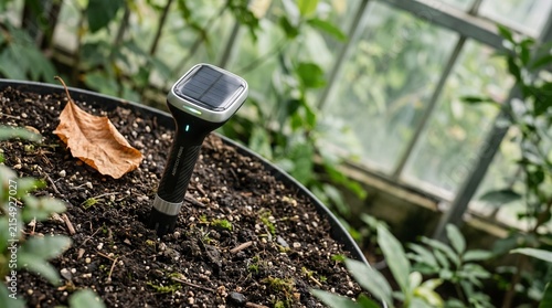Solar-powered plant sensor in a potted plant with greenery background  
