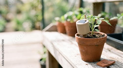 Potted plant with soil moisture sensor on a wooden table  