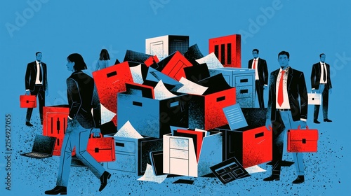 Business professionals navigate a chaotic pile of office supplies and documents during a busy workday