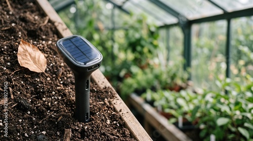 Solar garden light installed in soil of a greenhouse with plants  