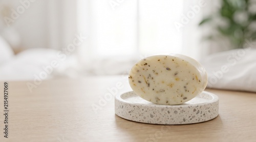 Natural soap bar with herbs on a concrete dish in a cozy interior  