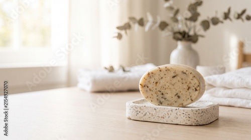 Natural soap bar displayed on a textured dish in a bright room  