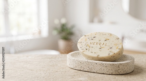 Herbal soap bar displayed on a stone tray in a modern bathroom  