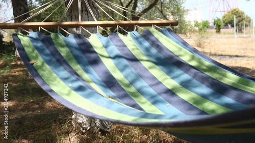 A hammock suspended between two trees in a green field