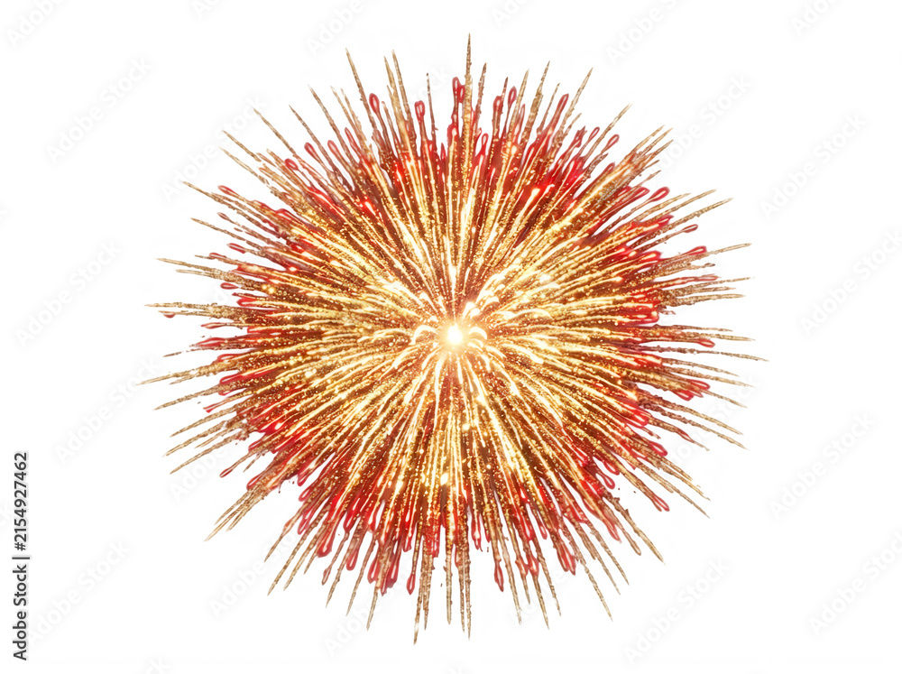 Obraz premium Bright red and gold firework explosion in the sky isolated on transparent background