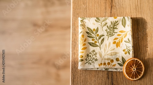 Decorative napkin with leaf pattern and dried orange slice  