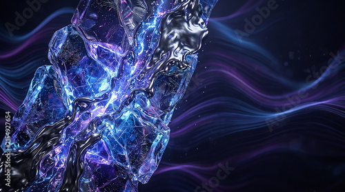 Abstract blue crystal formation with glowing light streaks and dark background