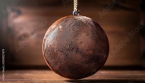 textured brown sphere with intricate fingerprint patterns hanging from a rustic leather cord in bright cinematic natural side lighting studio