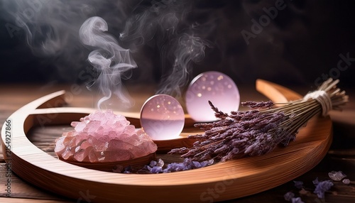 dried lavender herbs and small pink crystals sit on crescent moon wooden trays with soft smoke rising in warm light