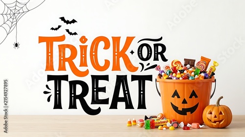 Trick or treat text with orange jack o lantern bucket full of sweet candy for halloween party