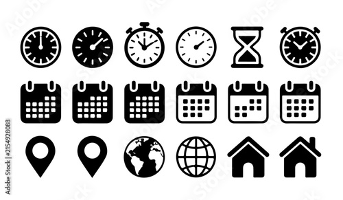 Black line icons set depicting time management objects calendar grids world globes home symbols and location pins.