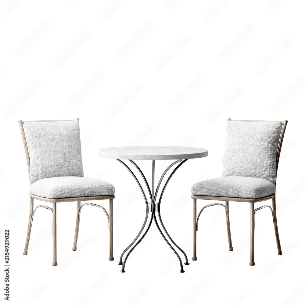 Obraz premium Round marble bistro table with chrome pedestal base and two upholstered dining chairs isolated