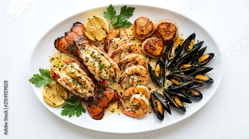 Gourmet seafood platter with lobster tail, grilled shrimp, scallops, and fresh mussels