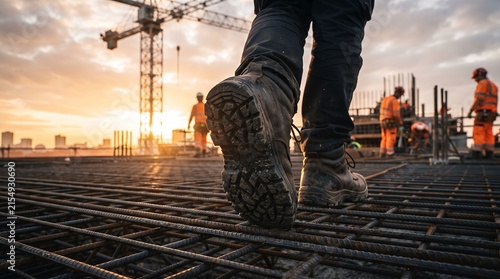 A construction worker wearing heavy boots walks across steel rebar on a building site at sunset.