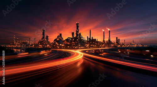 Oil Refinery at Sunset with Highway Light Trails