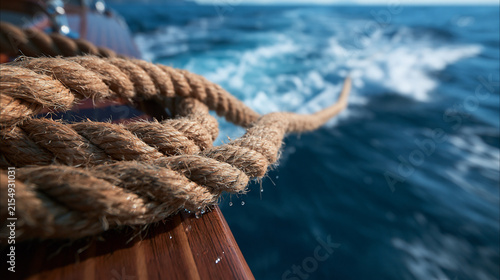 Thick Nautical Rope on Wooden Boat Sailing Across Blue Ocean