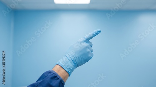 A medical professional in blue sterile gloves points upwards with their index finger in a sterile room.