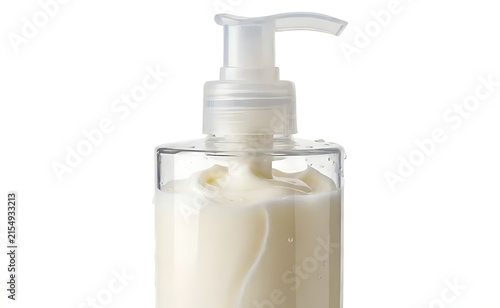 Transparent body lotion pump bottle filled with creamy white lotion, isolated on pure white background