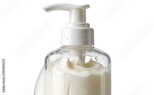 Transparent body lotion pump bottle filled with creamy white lotion, isolated on pure white background