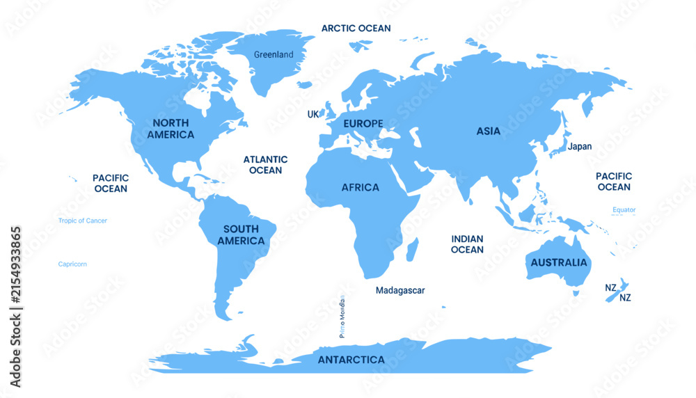 Naklejka premium World Map Illustration with Labeled Continents and Oceans in Flat Blue and White