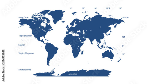 World Map Illustration Showing Latitude Lines and Major Geographic Zones in Blue