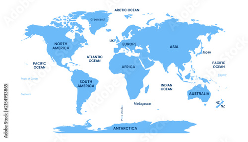 World Map Illustration with Labeled Continents and Oceans in Flat Blue and White