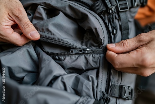 Hands Adjusting Zipper on Tactical Backpack