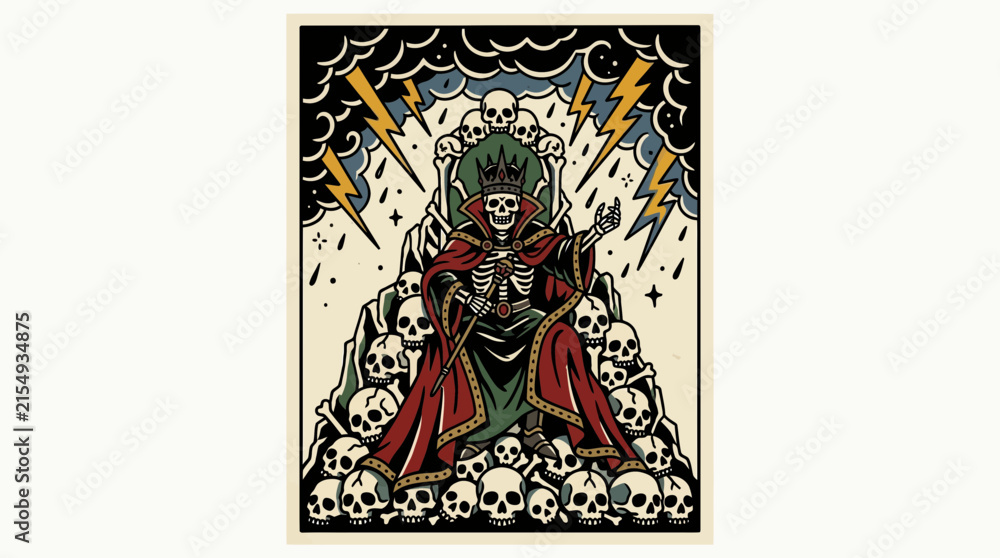 Fototapeta premium Skeleton King on Skull Throne with Lightning