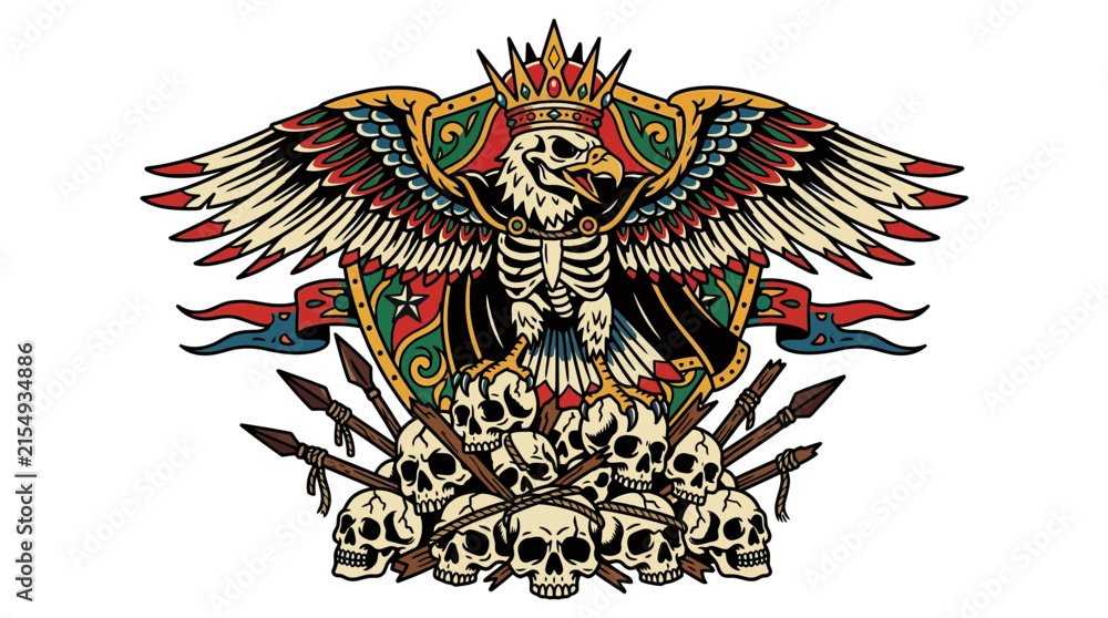Fototapeta premium Eagle Skeleton King with Skulls and Spears