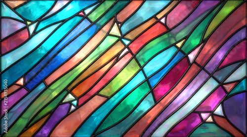 Vibrant abstract stained glass panel with flowing wavy geometric shapes in a kaleidoscope of colorful translucent glass pieces2235
