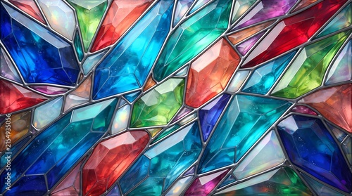 Intricate stained glass window with geometric faceted crystal shapes in vibrant jewel tones of red blue green and purple
