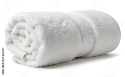 A single bath towel neatly rolled, isolated on a pure white background