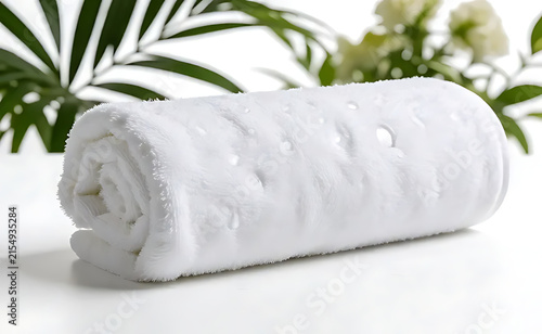 A single bath towel neatly rolled, isolated on a pure white background