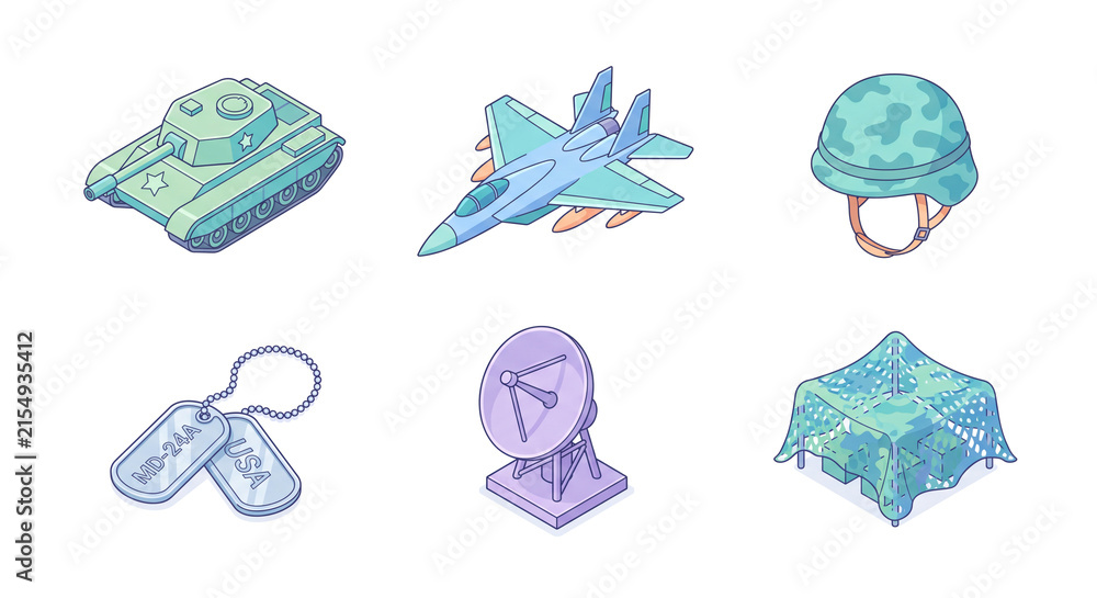 Fototapeta premium This image showcases military-themed icons including a tank, fighter jet, helmet, dog tags, radar, and camouflage net, representing defense and military operations.
