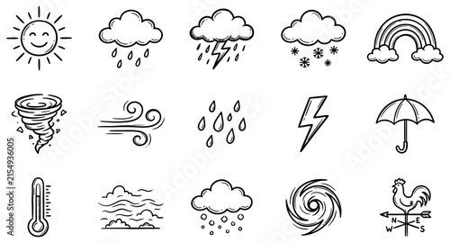 Фотография A collection of hand drawn weather icons featuring sun rain clouds lightning and
