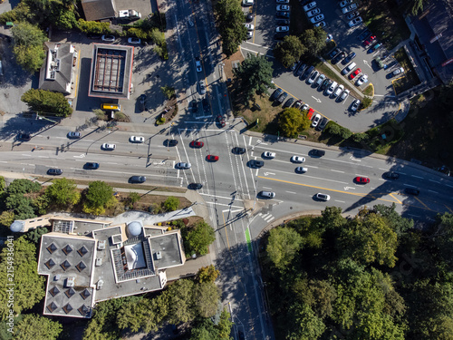 Street corner and car intersection in Vancouver, viewed from above.