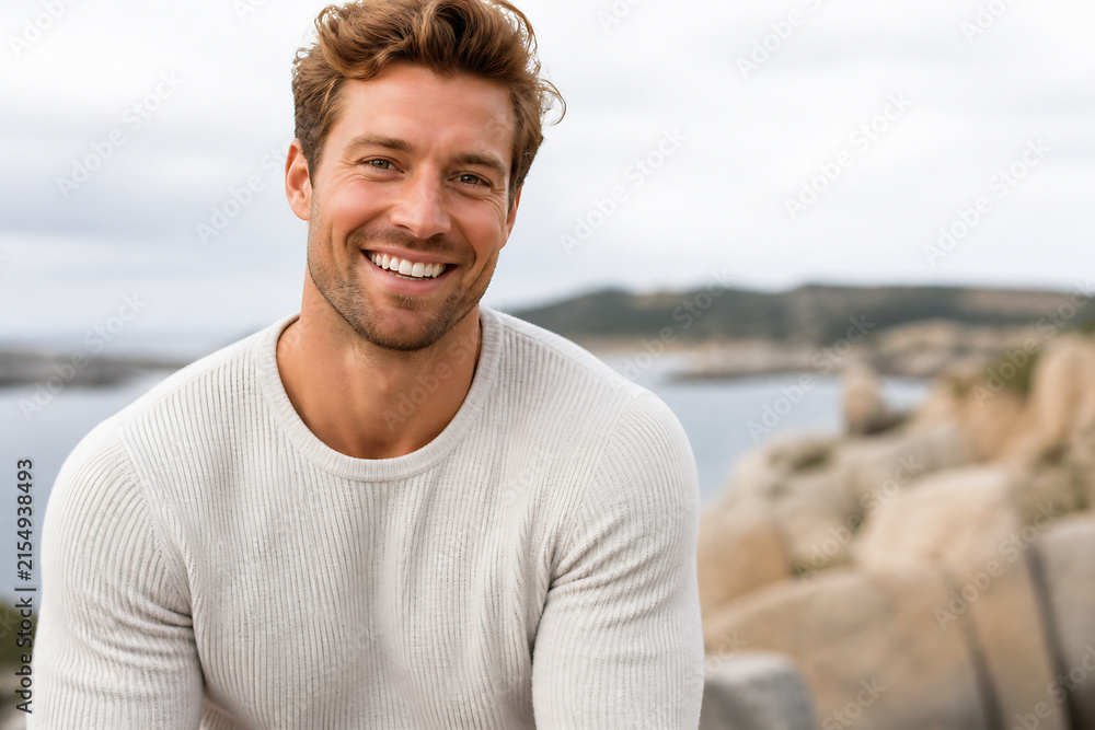 Fototapeta premium A smiling, well-groomed man in a cream sweater is standing outdoors with a cloudy sky and coastal landscape in the background.