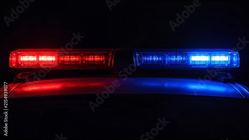 Close-up of an illuminated emergency vehicle light bar flashing red and blue at night