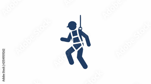 Worker pictogram wearing a safety harness and hard hat is suspended by a safety line.