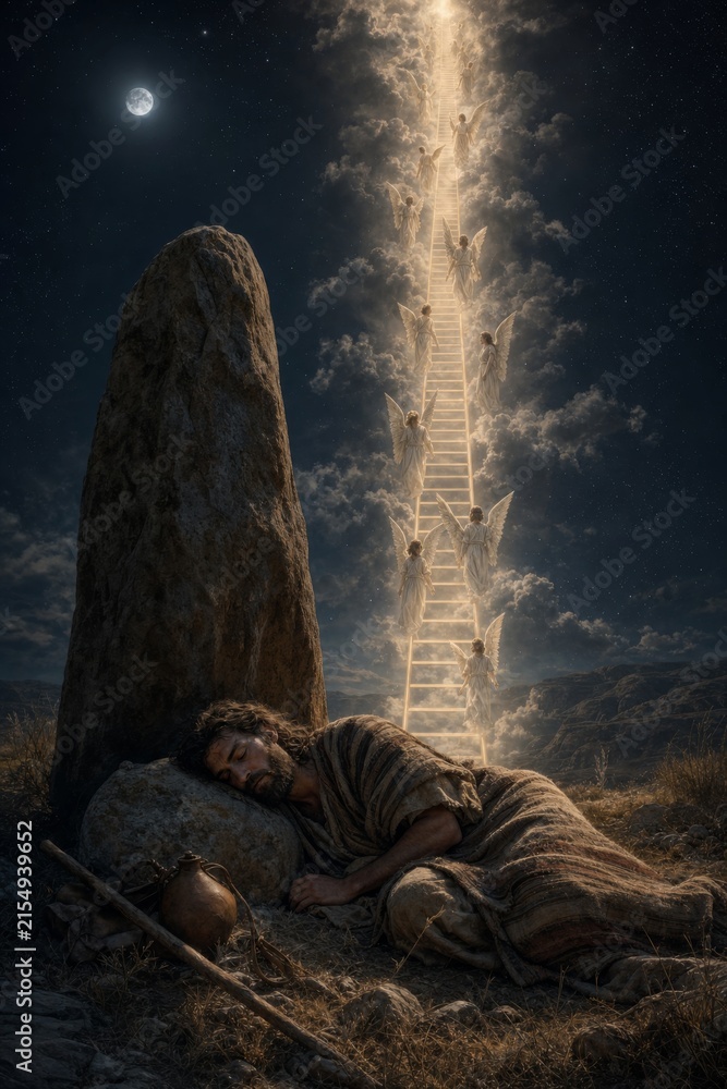 Fototapeta premium Sleeping man beneath a stone pillar sees angels ascending a luminous staircase into the clouds. Biblical dream vision symbolizing faith, spiritual journey, divine connection, and hope.