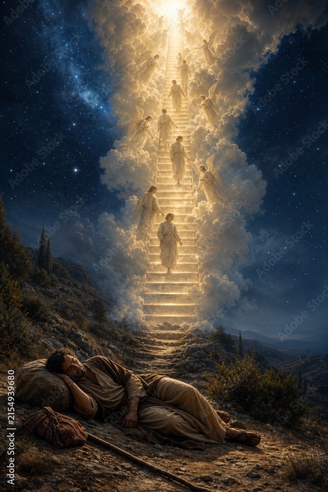 Fototapeta premium Jacobs ladder: a man sleeps on rocky ground, dreaming of angels ascending and descending a luminous stairway to heaven