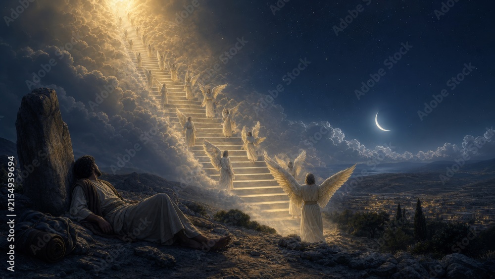 Fototapeta premium Man witnessing angels ascending a radiant staircase into heaven above a nighttime landscape. Biblical vision of divine revelation, faith, spirituality, and transcendence.